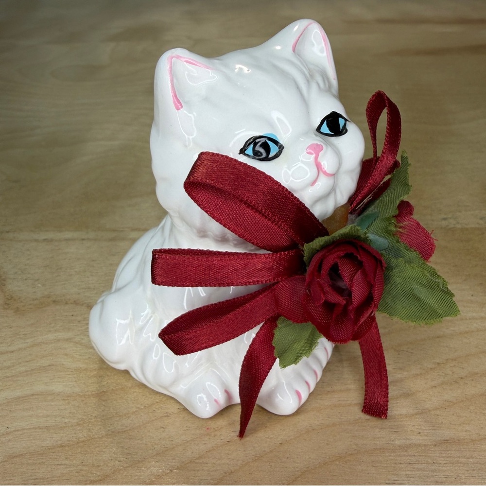 Vintage European Ceramic Cat Figurine with Floral Ribbon Bow - White/Burgundy
